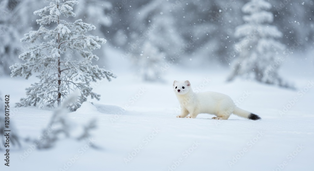 Ermine Walking in Snowy Winter Forest During a Snowfall Ermine Walking in Snowy Winter Forest During a Snowfall