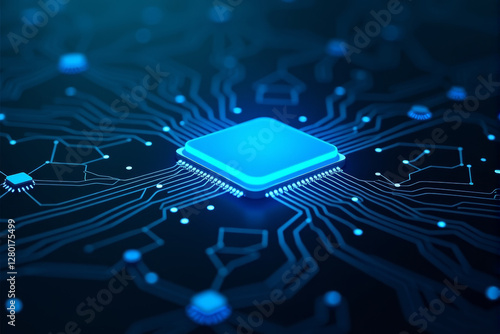 An artificial intelligence chip glowing in a dark cyber environment, symbolizing advanced computing, machine learning, and next-gen processors.