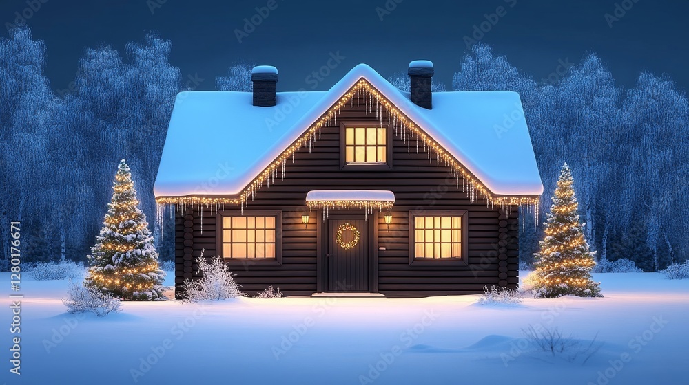 Enchanting winter cabin illuminated by festive lights in snowy forest creating a cozy and inviting holiday scene perfect for celebrations Enchanting winter cabin illuminated by festive lights in snowy forest creating a cozy and inviting holiday scene perfect for celebrations