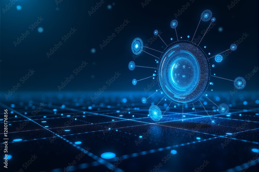 Obraz premium A quantum computing AI background featuring high-tech floating symbols, futuristic grids, and a deep space digital aesthetic