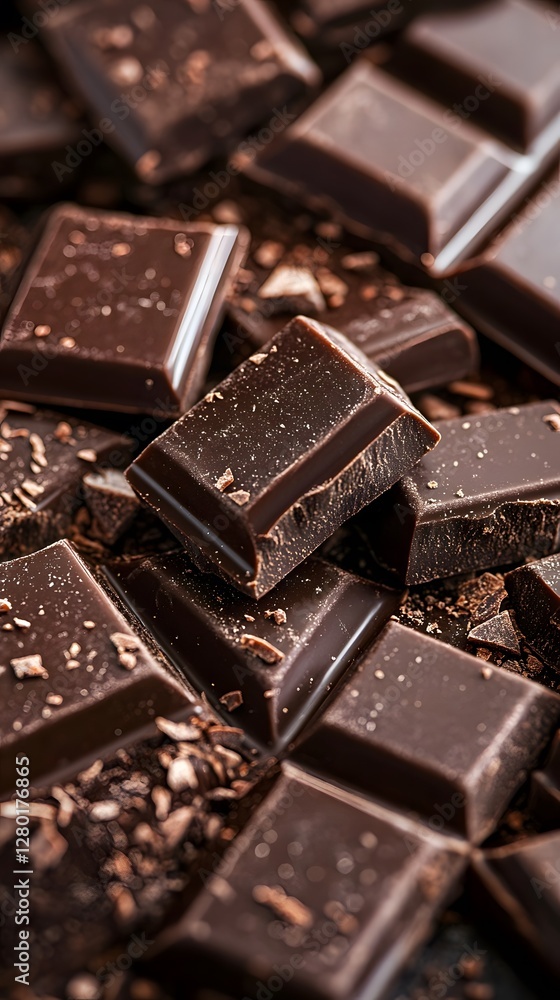 Close-up of rich dark chocolate squares arranged beautifully. Close-up of rich dark chocolate squares arranged beautifully.