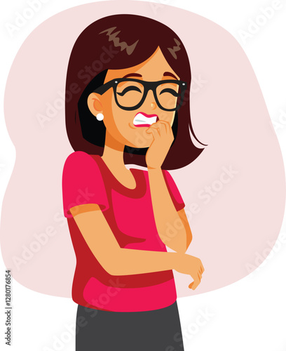 Stressed Office Worker Biting Her Nails Vector Cartoon Character. Anxious Office Employee feeling overwhelmed coping 
