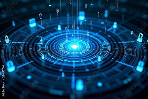 A layered digital vortex with AI-powered encryption elements, symbolizing cybersecurity, blockchain, and data protection technology..