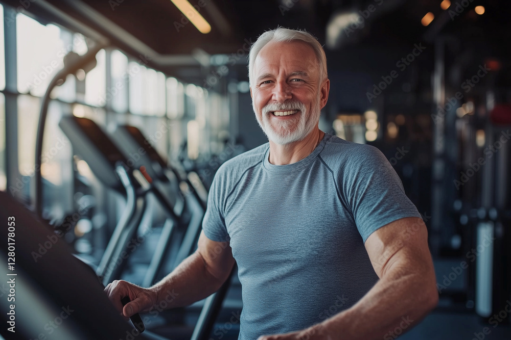 man in a blue shirt is smiling and standing on a treadmill. He looks happy and healthy man in a blue shirt is smiling and standing on a treadmill. He looks happy and healthy