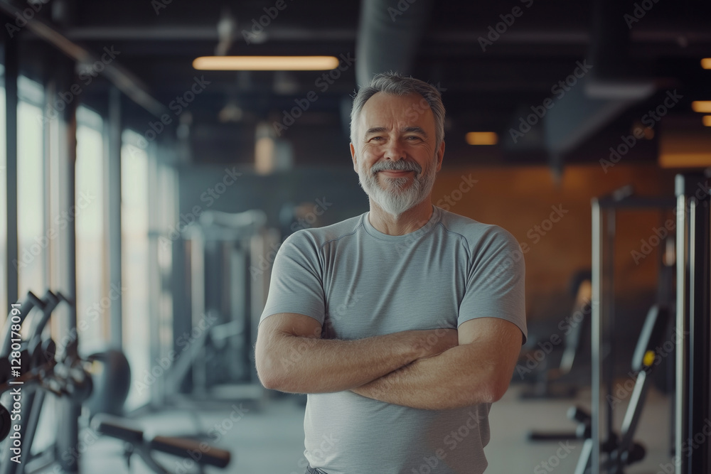 man is posing in a gym with a smile on his face. He is wearing a gray shirt and has his arms crossed. The gym is filled with various exercise equipment, including a row of treadmills and a bench man is posing in a gym with a smile on his face. He is wearing a gray shirt and has his arms crossed. The gym is filled with various exercise equipment, including a row of treadmills and a bench