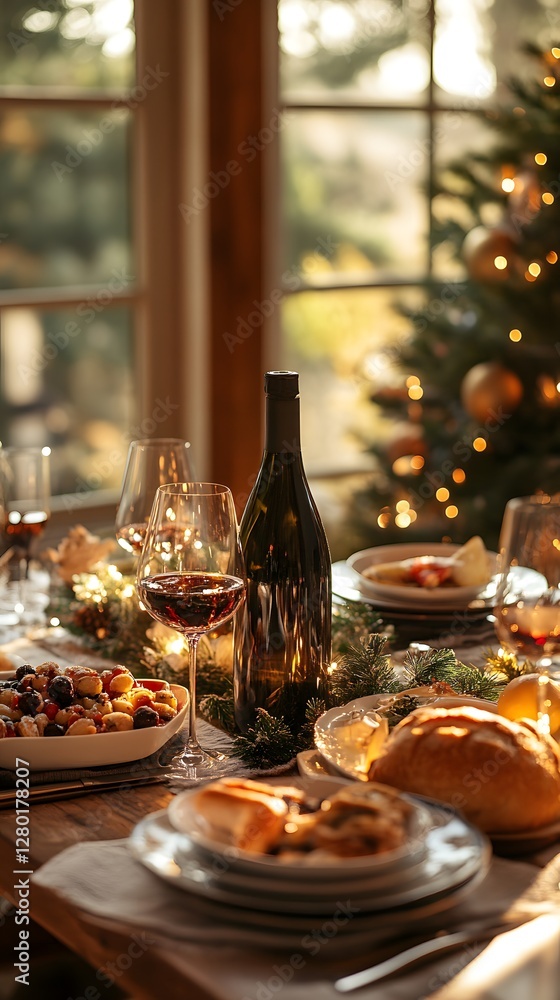Festive dining table with red wine, delicious food, and holiday decorations. Festive dining table with red wine, delicious food, and holiday decorations.