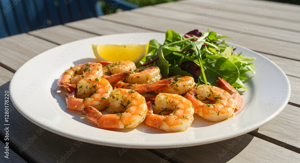 Delicious Grilled Shrimp Plate with Lemon and Fresh Green Salad Delicious Grilled Shrimp Plate with Lemon and Fresh Green Salad