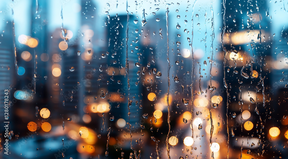 Fototapeta premium Rainy cityscape background with blurred lights and skyscrapers visible through the window, creating an atmospheric and urban ambiance. High-resolution photography. Minimalist stock