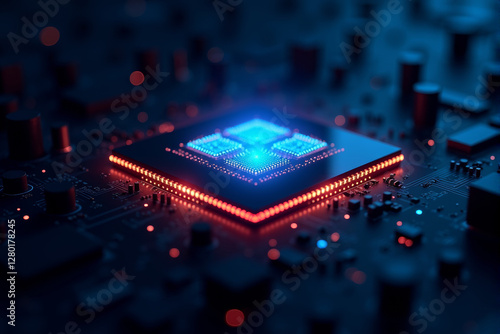 An artificial intelligence chip glowing in a dark cyber environment, symbolizing advanced computing, machine learning, and next-gen processors.