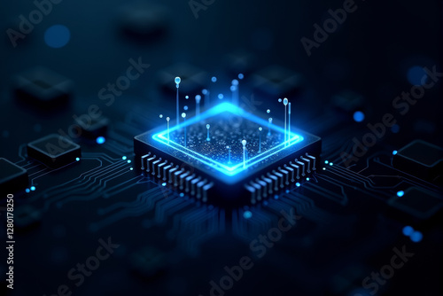 An artificial intelligence chip glowing in a dark cyber environment, symbolizing advanced computing, machine learning, and next-gen processors.