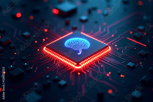 An artificial intelligence chip glowing in a dark cyber environment, symbolizing advanced computing, machine learning, and next-gen processors.