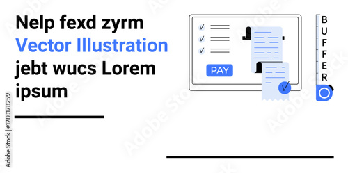 Monitor showing invoice checklist, receipt, and pay button. Ideal for e-billing, finance, transactions, workflow automation, income management, accounting and digital tools abstract line flat