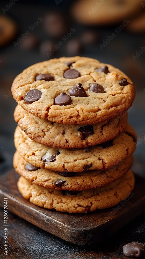 Delicious stack of freshly baked chocolate chip cookies on a rustic wooden tray. Delicious stack of freshly baked chocolate chip cookies on a rustic wooden tray.