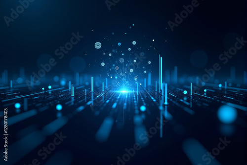 A quantum computing AI background featuring high-tech floating symbols, futuristic grids, and a deep space digital aesthetic