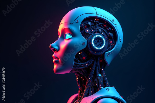 A neon-lit, AI-driven robotic head with visible circuits and digital interface elements, symbolizing artificial intelligence in robotics..