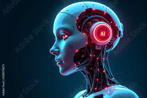 A neon-lit, AI-driven robotic head with visible circuits and digital interface elements, symbolizing artificial intelligence in robotics..