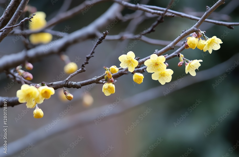 Delicate Yellow Blossoms Blooming on Bare Branches Against a Softly Blurred Background Delicate Yellow Blossoms Blooming on Bare Branches Against a Softly Blurred Background