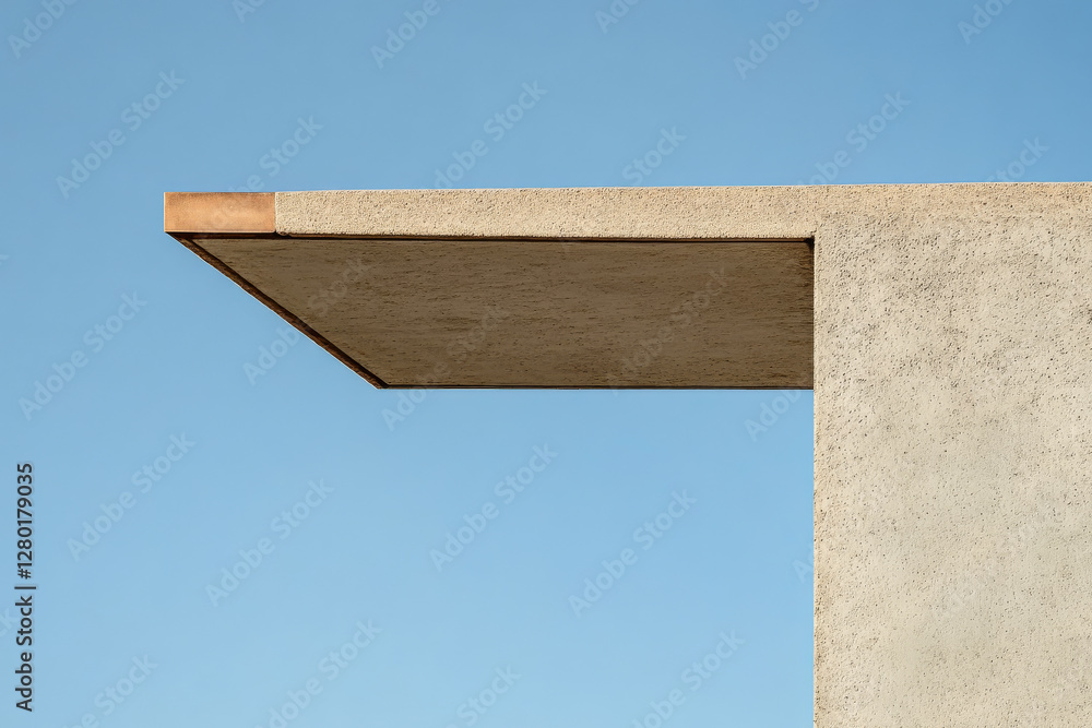 Fototapeta premium Modern architectural design with a cantilevered roof against a clear blue sky