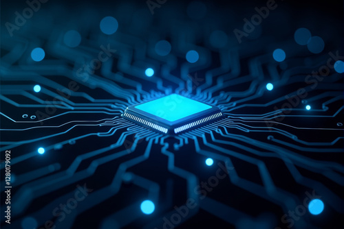 An artificial intelligence chip glowing in a dark cyber environment, symbolizing advanced computing, machine learning, and next-gen processors.