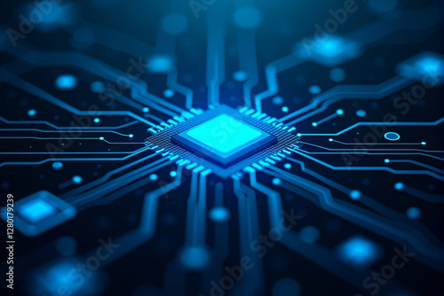 An artificial intelligence chip glowing in a dark cyber environment, symbolizing advanced computing, machine learning, and next-gen processors.