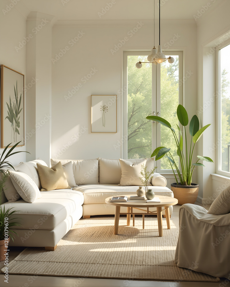 Fototapeta premium Comfortable living room with white sofa, natural light, and plants. Home Interior