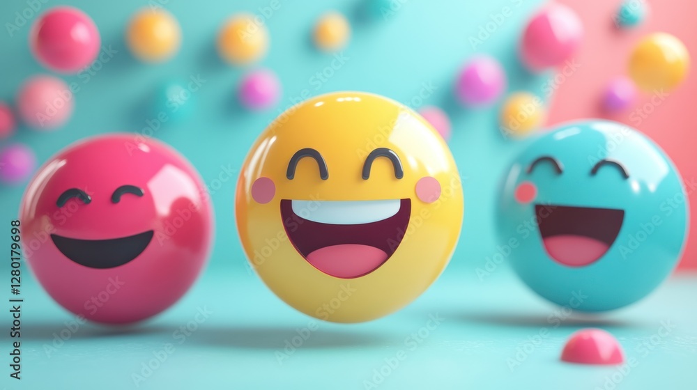 Joyful Emojis: A 3D Rendering of Smiling Faces Against a Colorful Background Joyful Emojis: A 3D Rendering of Smiling Faces Against a Colorful Background