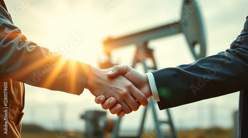  a business handshake between a worker and businessman, backlit by a sunset and an oil pump.
