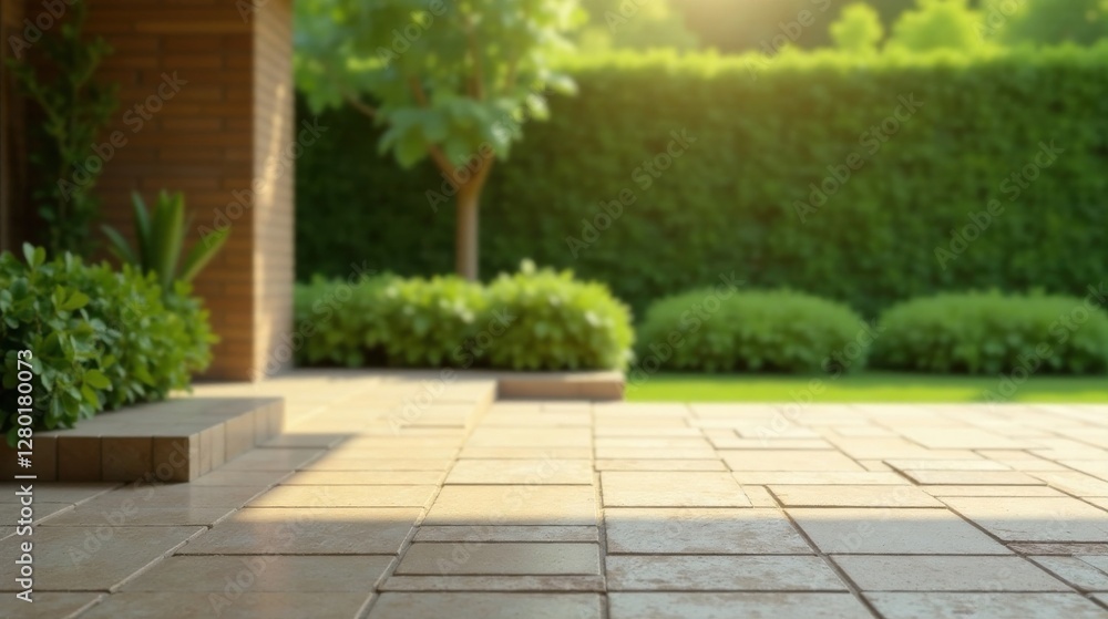 Fototapeta premium Sunlit Patio Stones Beside Lush Greenery and a Brick Wall, a Peaceful Outdoor Scene