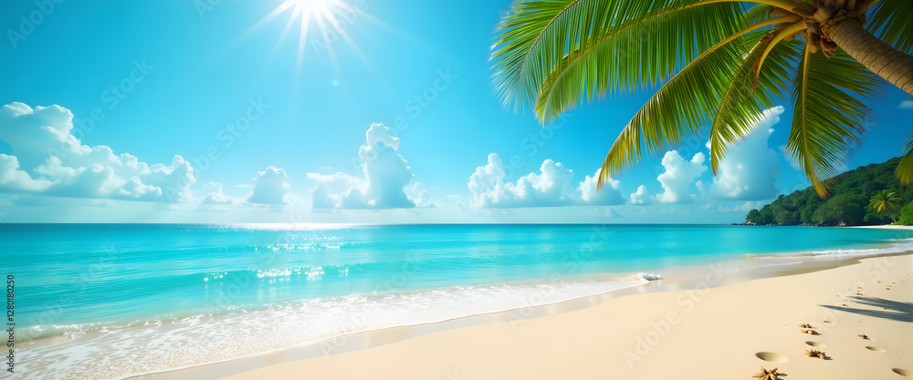 Tropical beach with turquoise water, palm tree and clear sky, Summer Vacation Tropical beach with turquoise water, palm tree and clear sky, Summer Vacation