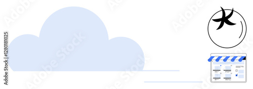 Blue cloud, Pisces zodiac sign, and online storefront icon with striped awning. Ideal for astrology, cloud computing, e-commerce, online business, digital storage, mysticism small businesses