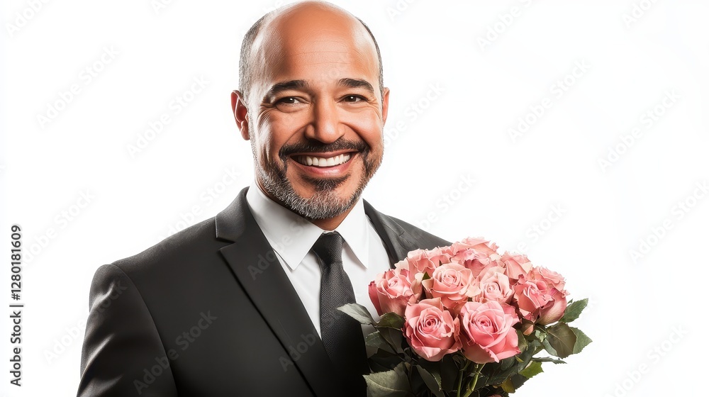 Smiling Man in Suit Holding Pink Roses Smiling Man in Suit Holding Pink Roses