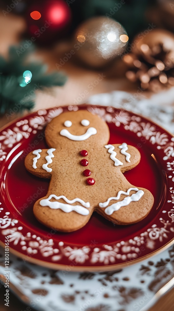 Delicious gingerbread man cookie on a festive red plate during the holidays. Delicious gingerbread man cookie on a festive red plate during the holidays.