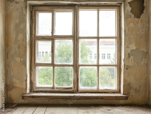 Old window with peeling paint and greenery visible outside from an abandoned building