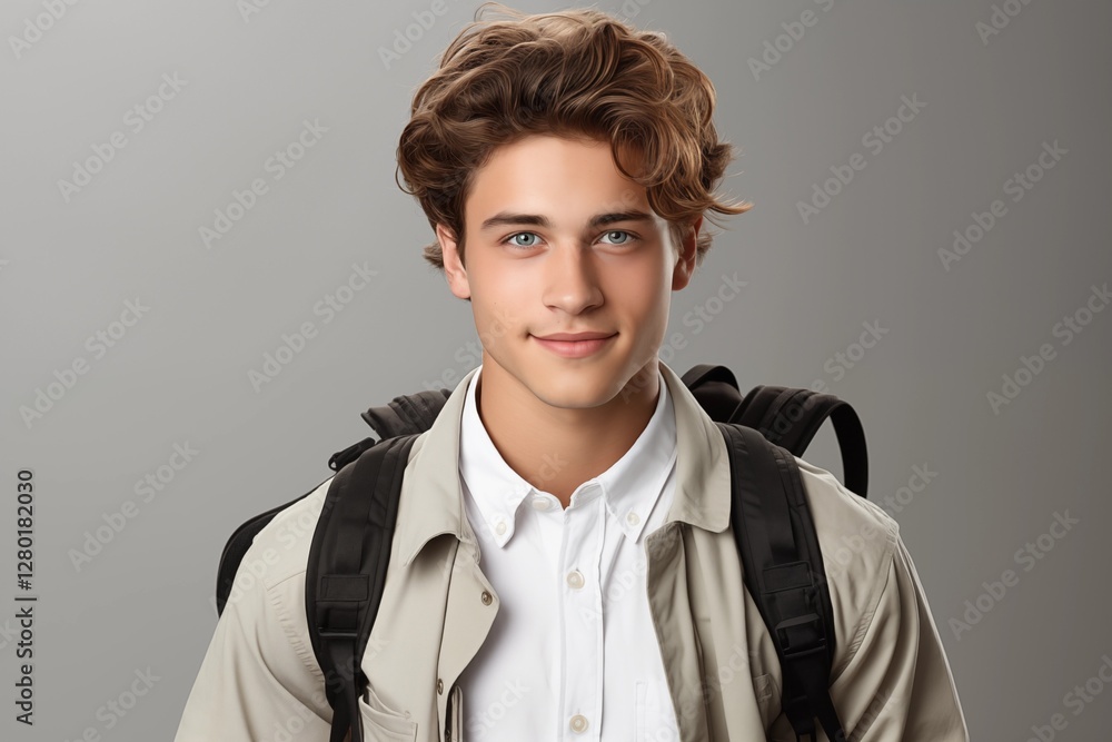 Fototapeta premium Teenage guy student with backpack isolated on white background. Generative ai