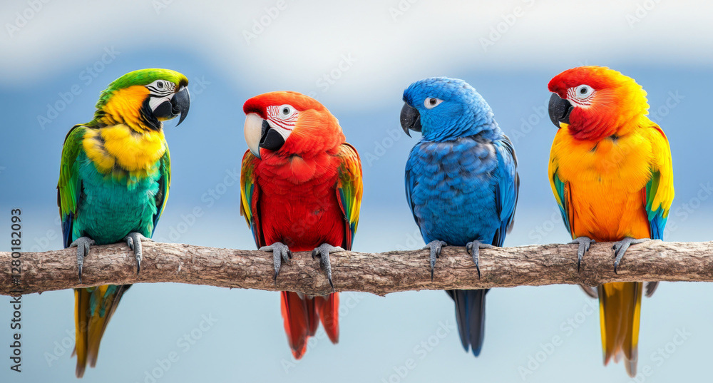 Obraz premium Colorful macaws sit on a branch overlooking the beautiful ocean.