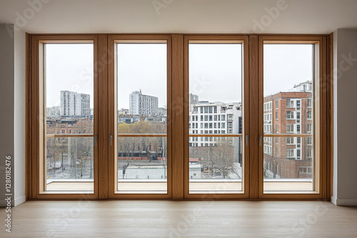 Modern apartment with large windows offering urban skyline views on a cloudy day