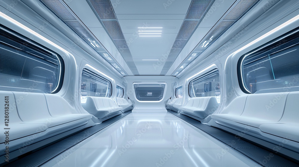Obraz premium a high-speed train where passengers interact with mixed reality windows displaying scenic views from different worlds, futuristic transportation, seamless blending of real and virtual environments,