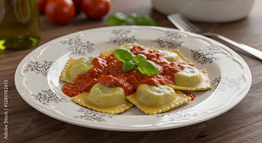 Delicious Ravioli Pasta with Tomato Sauce and Basil Leaf Garnish Delicious Ravioli Pasta with Tomato Sauce and Basil Leaf Garnish
