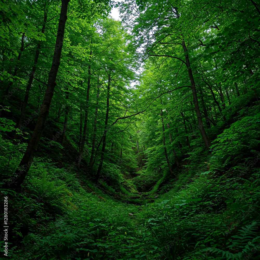 Obraz premium green forest in the morning. Lush Green Ravine with Thriving Trees and Serene Woodland Ambiance, their vibrant leaves, deep shade and a feeling of sanctuary and abundance in forest.