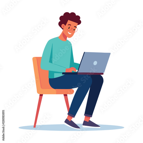 a boy is using his laptop vector