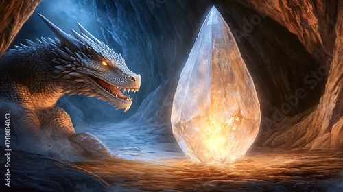 White Dragon Guarding Luminous Crystal in Dark Cave Pixel Art