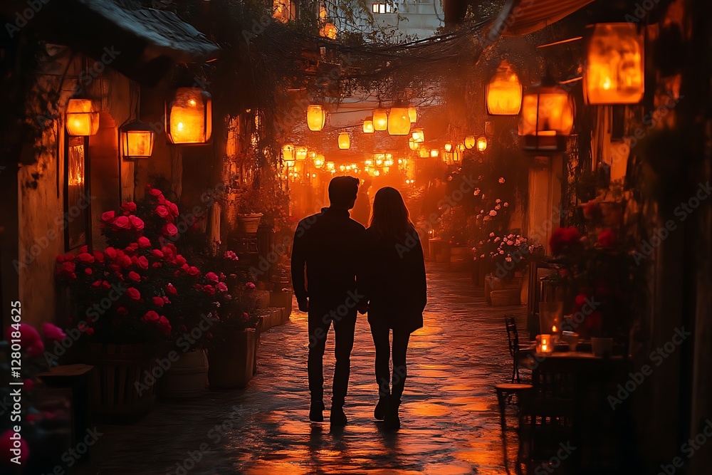 Couple walking alleyway lantern lights Couple walking alleyway lantern lights