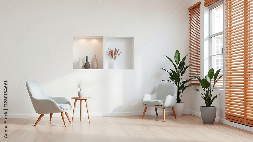 Fototapeta premium Minimalist living room with light furniture, wood accents, and natural decor. Bright and cozy space with Scandinavian-inspired interior design