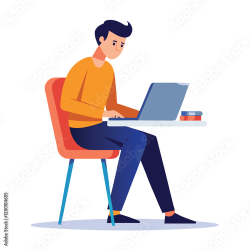 a boy is using his laptop vector