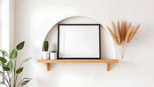 Minimalist wall decor with arched shelf, framed art, and modern greenery accents in a neutral-toned interior with white blank empty frame for mockup photo