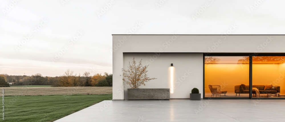 Modern architectural design featuring large windows and serene landscape in autumn