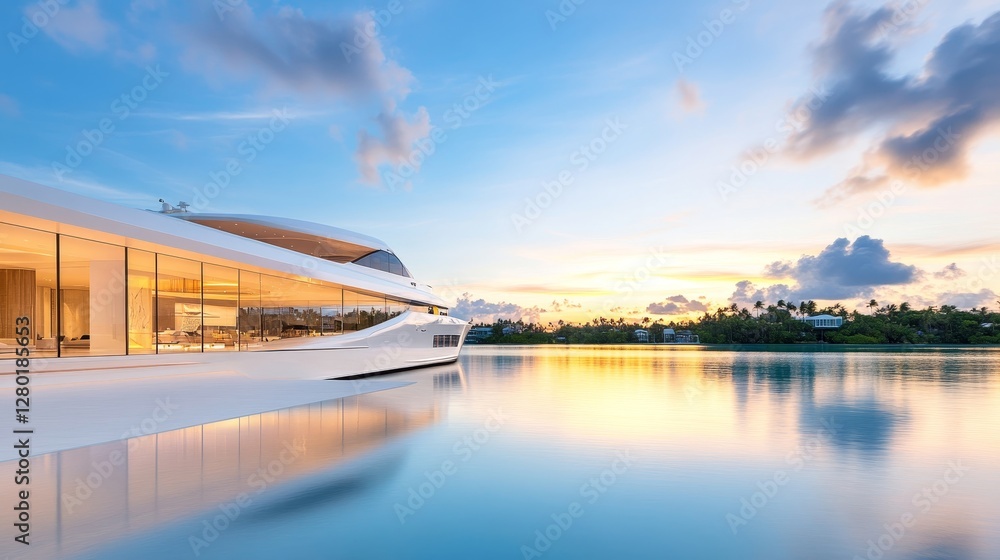 Fototapeta premium Modern yacht at sunset with tranquil waters and soft clouds