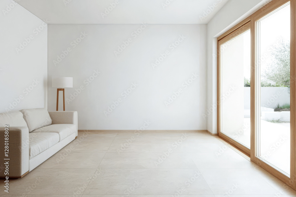 Fototapeta premium Bright and minimalist interior living space with large windows and natural light