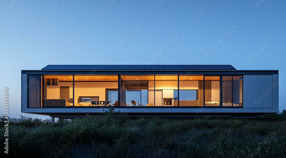 A modern house with solar panels on the roof, illuminated by warm light inside and against a clear blue sky at dusk A modern house with solar panels on the roof, illuminated by warm light inside and against a clear blue sky at dusk