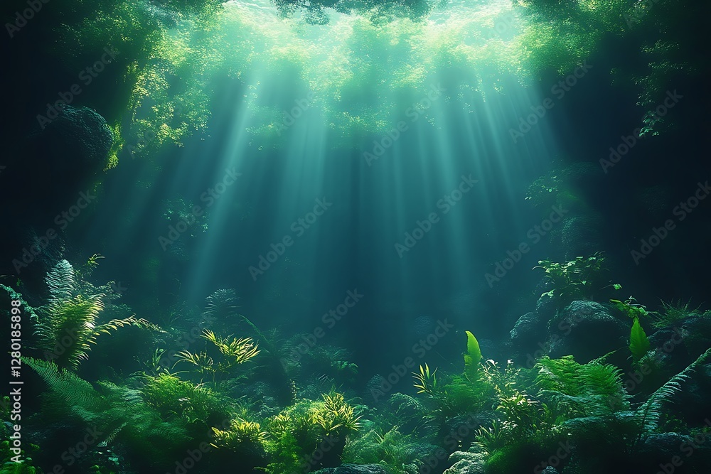 Naklejka premium Sunlight Underwater Cave Plants